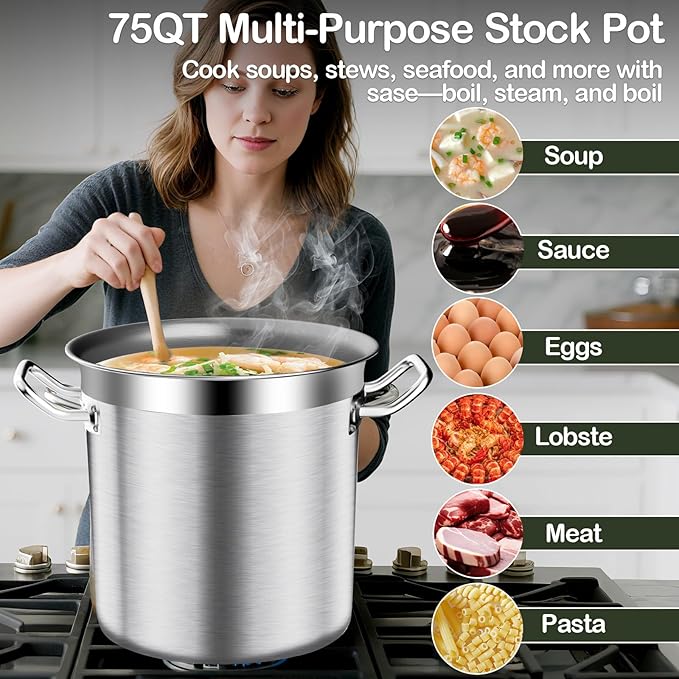 Commercial Grade Large Stock Pot - 75 QT Soup Pot with Lid - Non-Nickel Stainless Steel Stock Pots - Healthy Cookware Polished Stockpots - Heavy Duty Cooking Pots, Cookware Sauce Pots