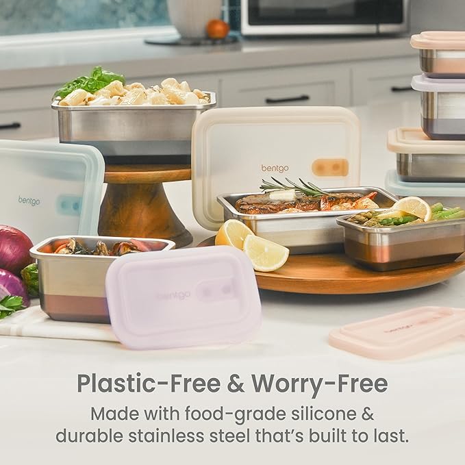 Bentgo MicroSteel Heat & Eat Container – Microwave-Safe, Leak-Proof, Easy-to-Clean, Lightweight Stainless Steel Reusable Food Storage with Airtight Silicone Lid (Dinner Size; 5.5-Cup Capacity; Gold)