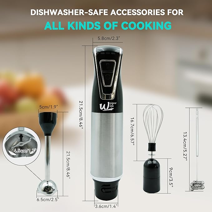 3-in-1 Cordless Hand Blender Set - One-Touch Control & Safety Lock, Immersion Blender with Whisk and Frother for Lattes, Desserts, Soups, Dishwasher-Safe