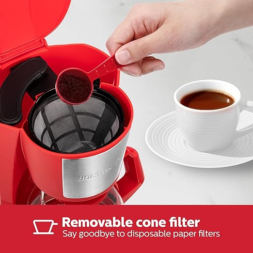 Holstein Housewares 5 Cup Drip Coffee Maker – Compact and User-Friendly with Auto Pause & Serve, Reusable Filter, Measuring Spoon & Glass Carafe, Office & Dorm Use, Red