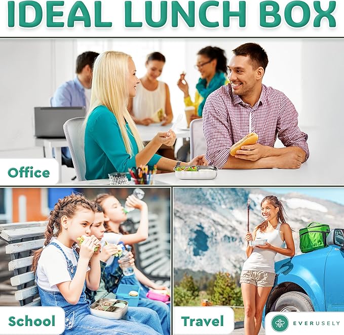 Everusely - Bento Box - Green, 27oz / 0.8 L - Stainless Steel Lunch Box with Leakproof Condiment Container - 3 Compartment Snack Organizer for On the Go Meals - Freezer & Dishwasher Safe