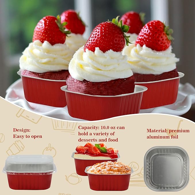 Baking Cups With Lids, BAKINGPAK 30PCS 10oz Square Mini Cake Pans With Lids Disposable Cupcake Containers Individual Cake Pans with Lids Mini Aluminum Pans with Lids for Children Party Birthday, Red