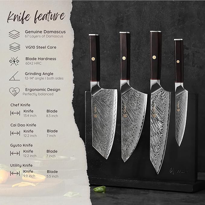 Wakoli Damascus Chef Knife Set with Magnetic Block – 4-Piece Professional Kitchen Knife Collection | Genuine 67-Layer Damascus Steel Blades | Ergonomic Dark Oak Wood Handles (Culinary Asia)