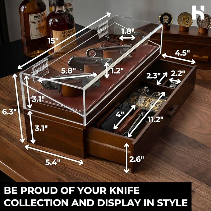 Premium Pocket Knife Display Case for 10 Knives - Wooden Knife Organizer, Storage & Holder with Unique Pillars, Hinged Cover, Drawer - Knife Collection Box - Handcrafted for Men