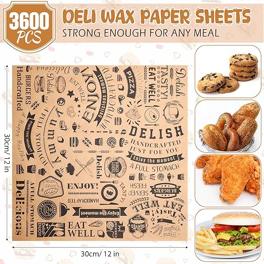 Outus 3600 Pcs 12 x 12 Inch Deli Wax Paper Sheets Grease Resistant Tray Basket Liners Newsprint Paper Water and Grease Proof Sandwich Wrapping Square Hot Dog Wrappers for Food Baking (Brown)