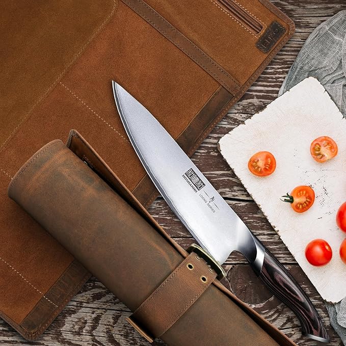 ELIZO Leather Knife Roll Bag Professional Chef Knife Case, Durable Knife Sheath Holder, Cooks & Culinary Tools Carrying Storage, Portable Knife Wrap - 4 Slots (Saddle BuckEye)