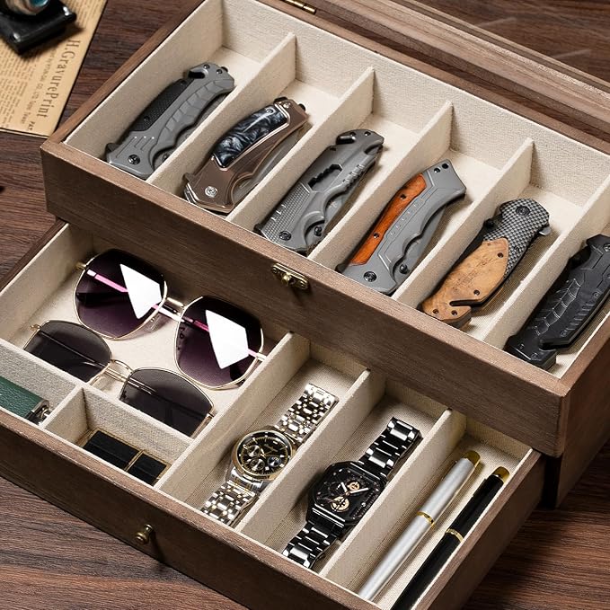 Knife Display Case, 2-Layer Pocket Knife Case Display & Storage Knives, Solid Wood Knife Case for Collections, Gift for Boyfriend Fathers Day Birthday Gifts((Walnut)