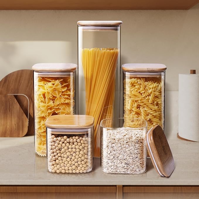 Square Glass Jars with Bamboo Lids 17 FL OZ [Set of 12], Glass Canisters with Airtight Lids, Glass Food Storage Containers for Spice, Sugar, Tea, Candies, Cookies, Best for Kitchen & Pantry