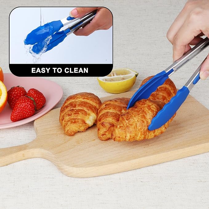 Hotec Mini Silicone Kitchen Tongs for Cooking - 7-Inch Small Serving Tongs with Silicone Tips, Set of 3 (Red,Blue,Green)