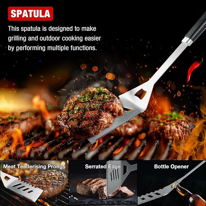BBQ Grill Tools Set - Premium Stainless Steel Spatula, Tongs & Fork for Outdoor Cooking - Grilling Accessories Kit Gift for Men/Women, Dad, Grilling Lovers