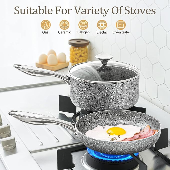 MICHELANGELO 10 Inch Frying Pan with Lid, Nonstick Frying Pan with Non Toxic Granite Coating, 10 Inch Stone Skillet, Non Stick Frying Pans for Cooking, Induction Compatible