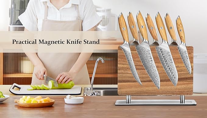 Strong Double Sided Magnetic Knife Block Without Knives, with Acacia Wood+430 Stainless Steel Base，Magnetic Universal Stands with Strong Enhanced Magnets Strip Kitchen Storage Cutlery Large Organizer