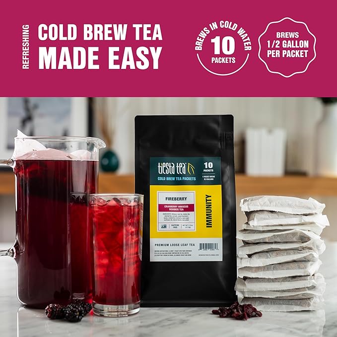 Tiesta Tea - Fireberry Cold Brew, Loose Leaf, Cranberry Hibiscus Rooibos Tea, Premium Non-Caffeinated Blend, Cold Brew Packets, Makes 64 oz Per Bag (Pack of 10)
