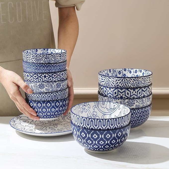 Selamica Ceramic 12 OZ Dessert Bowls Set, Ice Cream Bowls, 4.7 Inch Small Bowls for Snack, Side Dishes, Rice, Microwave Dishwasher Safe, Set of 6, Vintage Blue