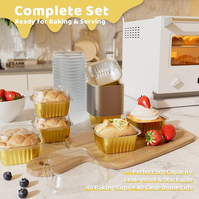 40 Pack 5 OZ Mini Cake Pans with Lids, Disposable Square Aluminum Foil Brownie Baking Cups, Mini Aluminum Foil Cupcake Muffin Tin Ramekins, Flan Molds Cake Containers for Wedding Birthday Party