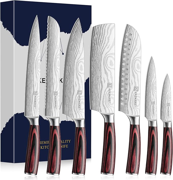 KEEMAKE Kitchen Knife Set, Ultra Sharp Chef Knife Set 7-Piece, High Carbon Stainless Steel Chefs Knife Set, Professional Knives Set for Kitchen with Pakkawood Handle and Gift Box