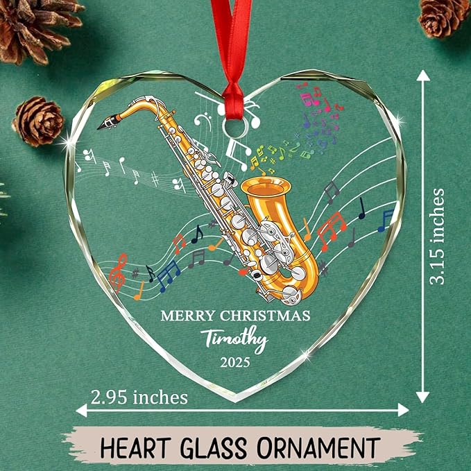Unique Alto Saxophone Instrument Glass Christmas Ornament, Customized Year Text Name Alto Saxophone Player Ornaments Gift for Women Men Friends Besties, Personalized Musical Instrument Glass Ornament