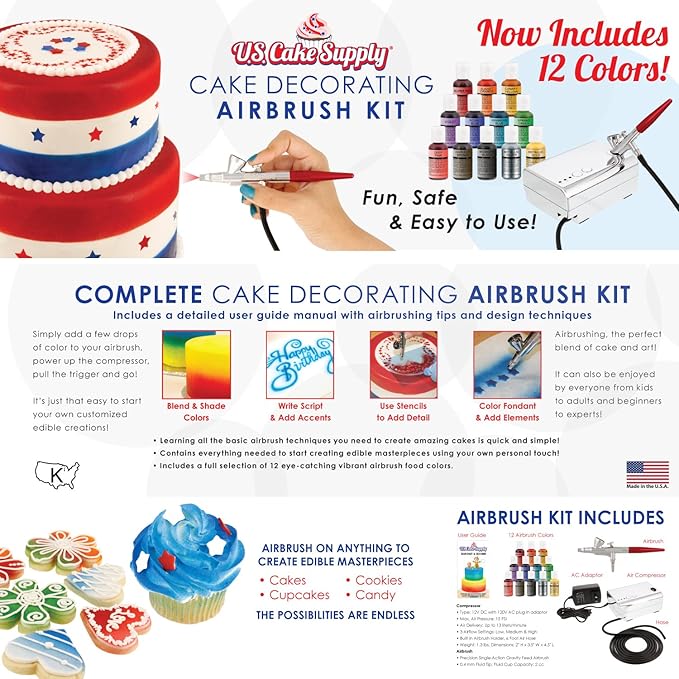 U.S. Cake Supply Complete Cake Airbrush Decorating Kit with 12 Vibrant Food Colors - Air Brush for Cake Decoration, Cupcakes, Cookies & Desserts