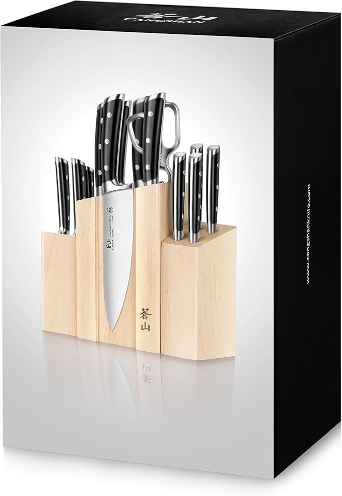 Cangshan TS Series 1021431 Swedish 14C28N Steel Forged DENALI Magnetic Knife Block Set, Maple
