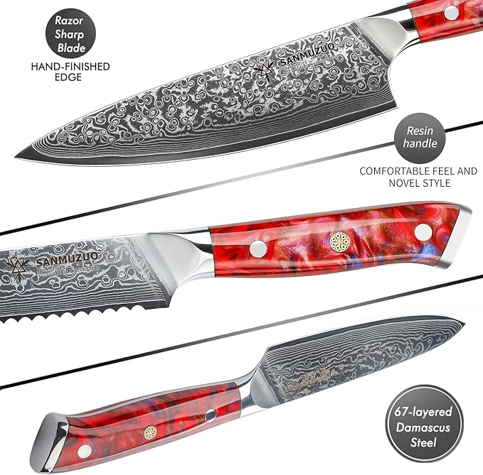 Chef Cooking Knives Set- Kitchen Knife Set of 5 Piece - Ultra-Sharp VG10 Damascus Steel & Resin Handle - Xuan Series (Sunset Red)