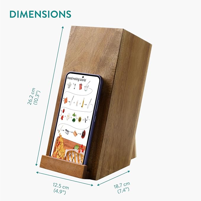 Navaris Wooden Kitchen Knife Block with Holder - Holds a Chopping Board, Phone or Tablet - Acacia Angled Design, 12.5 x 18.7 x 26.2 cm (4.9" x 7.4" x 10.3")