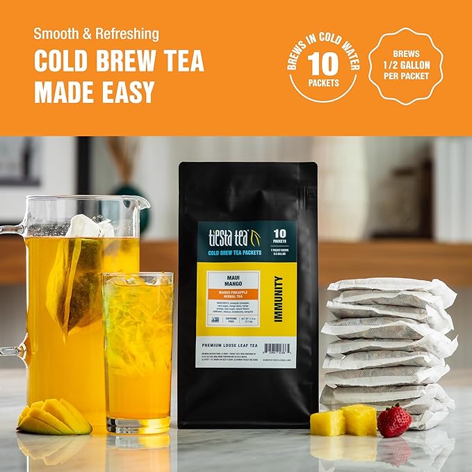 Tiesta Tea - Maui Mango Cold Brew, Loose Leaf, Mango Pineapple Herbal Tea, Premium Non-Caffeinated Blend, Cold Brew Packets, Makes 64oz Pitcher Per Bag (Pack of 10)