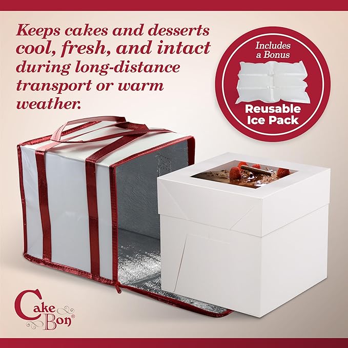 Cakebon Cake Box and Boards, 12-Inch Round White Wrapped Edges 1/2- Inch Thick Drums with Insulated Bag and Ice Pack – Cake Transport Set, Cooler for Cake Delivery and Transport (1pc Each, 4pcs Total)