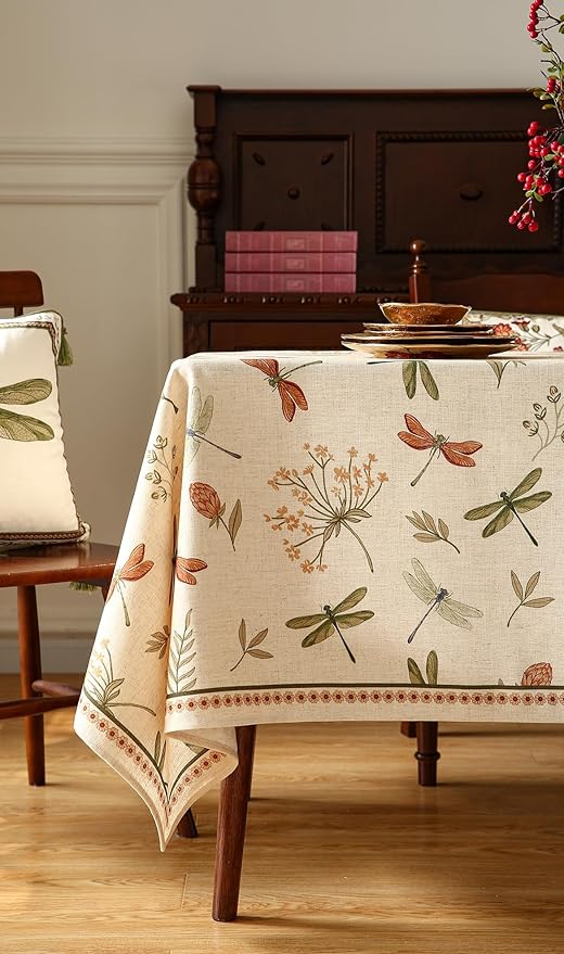 ISAENNE Designer Floral Linen Table Cloth for Rectangle Table,French Off White Elegant Tablecloth,Washable Home Decor Tablecloths for Dining Thanksgiving Kitchen Christmas,55"*79"-Grace B