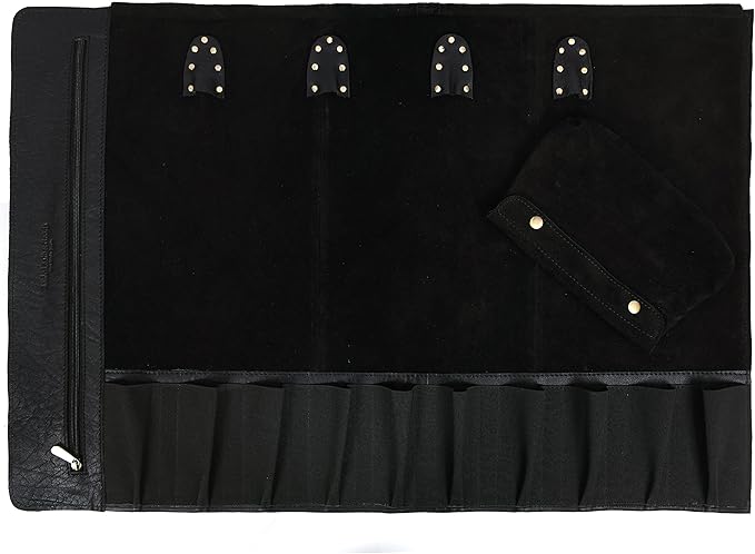 Leather Knife Roll Storage Bag, Elastic and Expandable 10 Pockets, Adjustable/Detachable Shoulder Strap, Travel-Friendly Chef Knife Case (Cerulean Black, Leather)