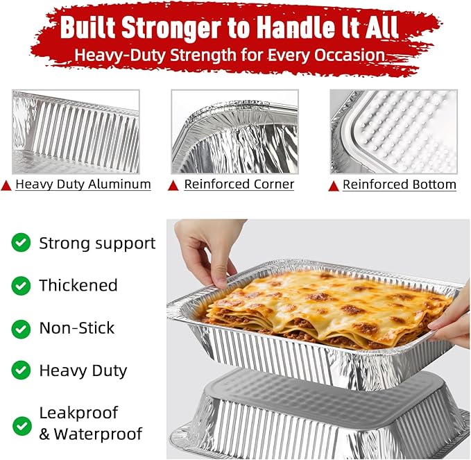 Aluminum Pans Half Size, 9x13, Heavy Duty Disposable Foil Pans for Baking, Roasting, Cooking, Heating, Storing, Deep Tin Foil Bakeware for Oven, Steam Table Tray, Cookware, Food Prepping (40 Pack)