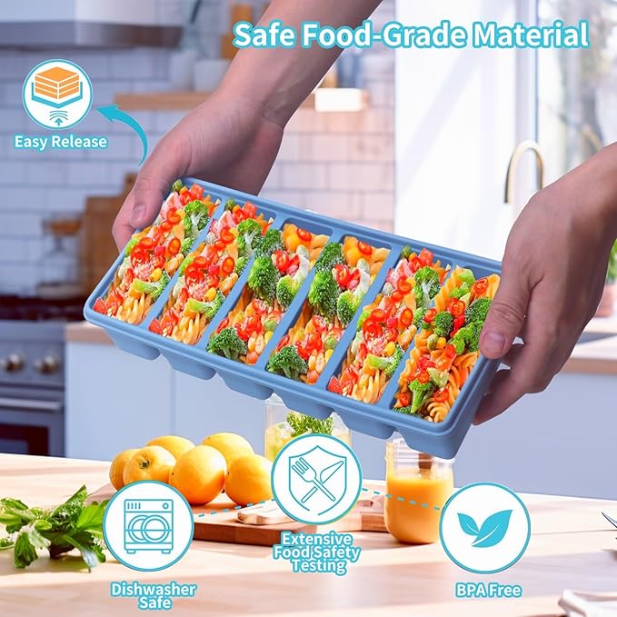 1/2 Cup Silicone Freezer Tray With Lid - Silicone Freezer Molds 4-Pack For meal prep & freezing of various sauces and other dishes, makes 24 perfect 1/2 cup portions cubes (Blue 4 Pack)