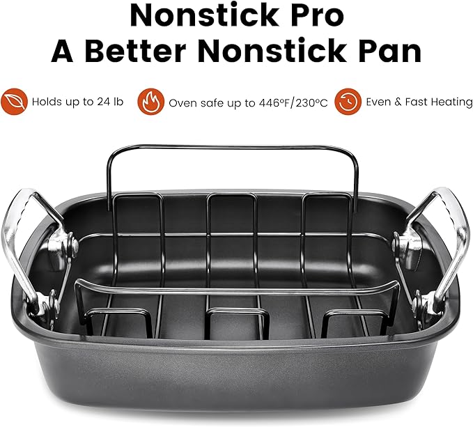 Nonstick Roasting Pan with Rack, Turkey Roasting Pan for Oven, Large Roaster Pan with Handle for Chicken, 17 X 13 Inch, Carbon Steel, Dark Grey