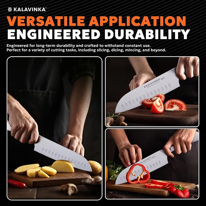 7 Inch Santoku Knife, German Stainless Steel, Razor Sharp Multipurpose Kitchen Knife with Balanced Handle and Gifted Sheath, Grilling Tools (SAMJNA)
