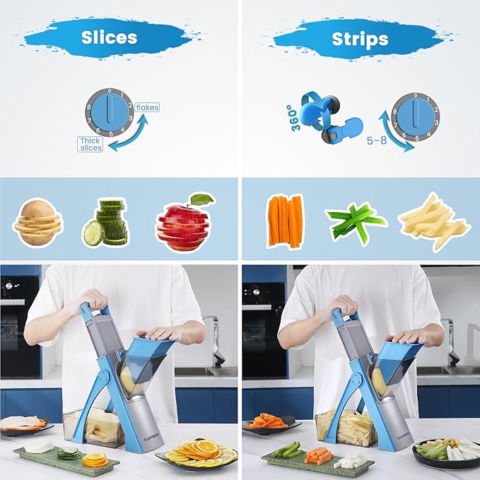 Upgrade Safe Mandoline Slicer Plus for Kitchen, SupMaKin Bigger Port Vegetable Food Potato Chopper, Adjustable Thickness, Julienne & Dicer With Vegetable Spiralizer (LightBlue)