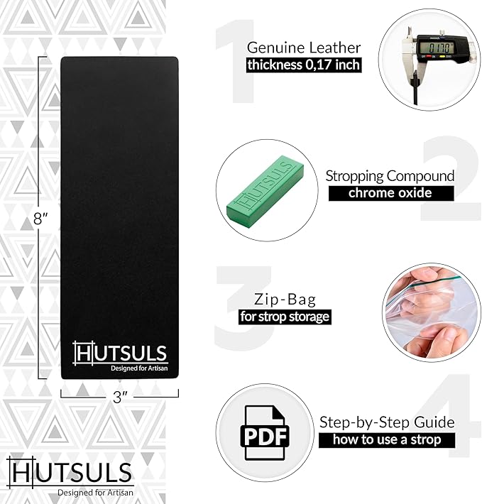 Hutsuls Black Leather Strop with Compound - Get Razor-Sharp Edges with Stropping Kit, Green Honing Compound & Vegetable Tanned Two Sided Leather Strop Knife Sharpener Step-by-Step Guide Included