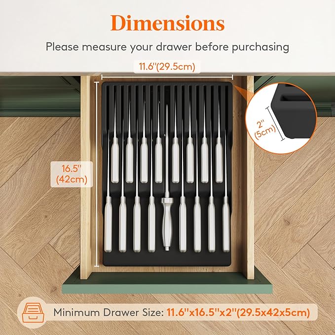 Lifewit Magnetic Drawer Knife Organizers Insert, Kitchen Plastic In Drawer Knife Block Slots for 16 Knives and 1 Sharpening Steel, Extra Large Steak Chefs Knives Holder Storage Sets, Black