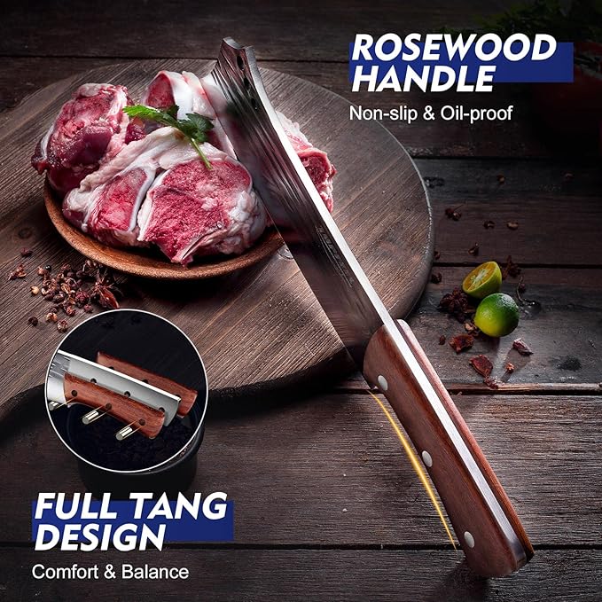 2PCS Meat Cleaver & Heavy Duty Bone Chopper Knife Set, Hand Forged German High Carbon Stainless Steel Butcher Knife for Home Kitchen & Outdoor