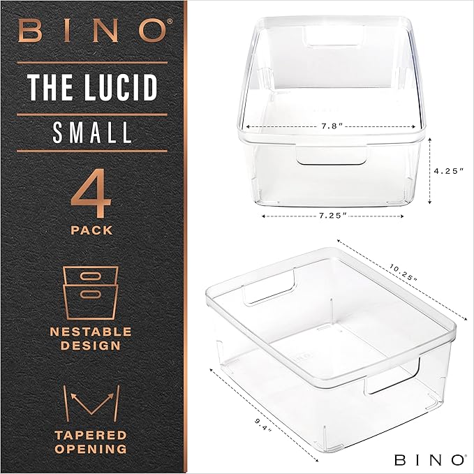 BINO Plastic Storage Containers, Small - 4 Pack THE LUCID COLLECTION, Multi-Use Organizer Bins Built-In Handles BPA-Free Clear, Fridge, Pantry & Home Organization