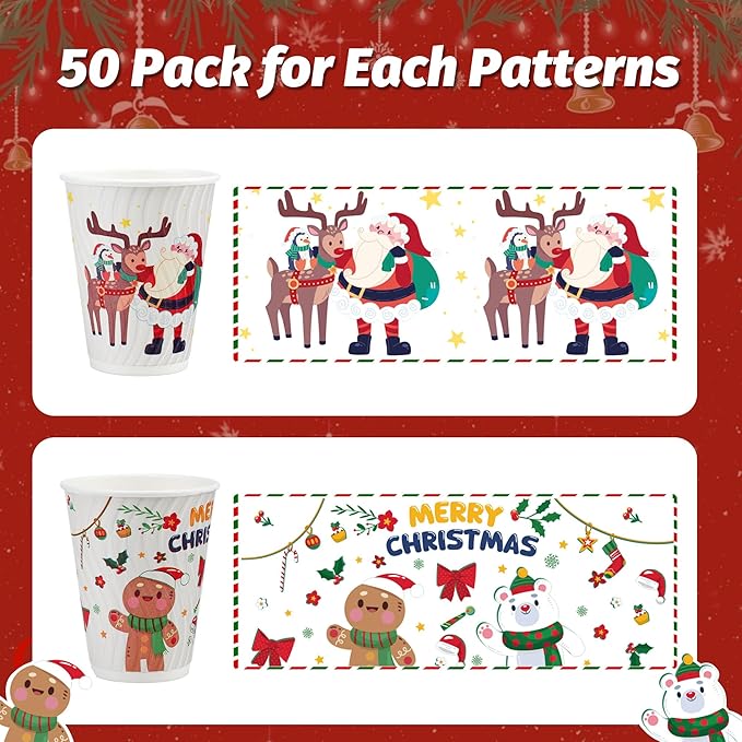 Christmas 100 Pack Coffee Cups with Lids 12oz, Disposable Insulated Ripple Wall To Go Paper Coffee Cups for Hot/Cold Drinks Office Home Shop Event