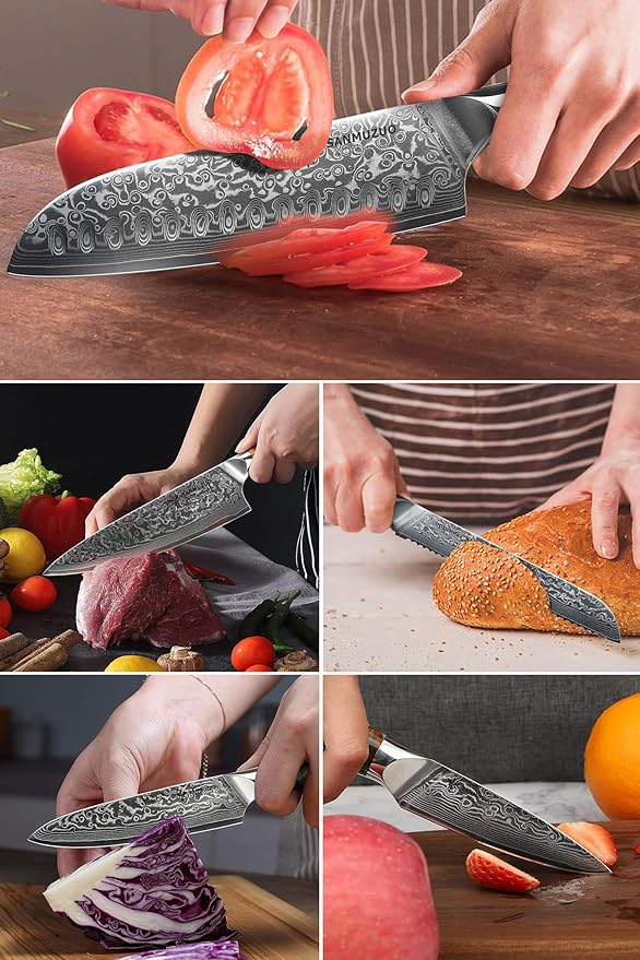 Chef Cooking Knives Set- Kitchen Knife Set of 5 Piece - Ultra-Sharp VG10 Damascus Steel & Resin Handle - Xuan Series (Fantasy Orange)