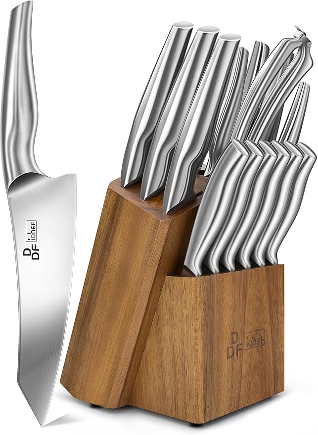 Kitchen Knife Set with Block, DDF iohEF 16 PCS Knife Sets for Kitchen with Block Japanese Stainless Steel, Ultra Sharp Chef Knife Set with Sharpener