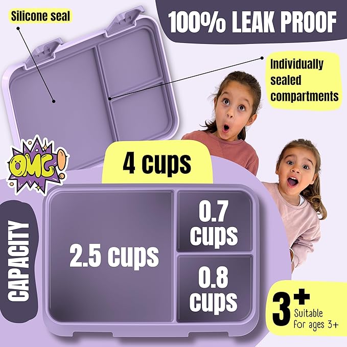BEARFOOT Kids Lunch Box with Compartments – Compact & Lightweight | Leak-Proof, BPA-Free, Dishwasher & Microwave Safe | Hand-Drawn Design for Preschool, School, Travel (BubbleTea Purple, 4 Cups)