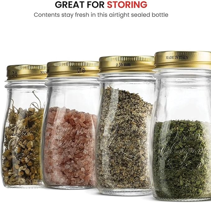 Bormioli Rocco Quattro Stagioni, Glass Canning Jar and Drinking Bottle, 13.5 Oz. with Gold Metal Airtight Lid, Made in Italy.