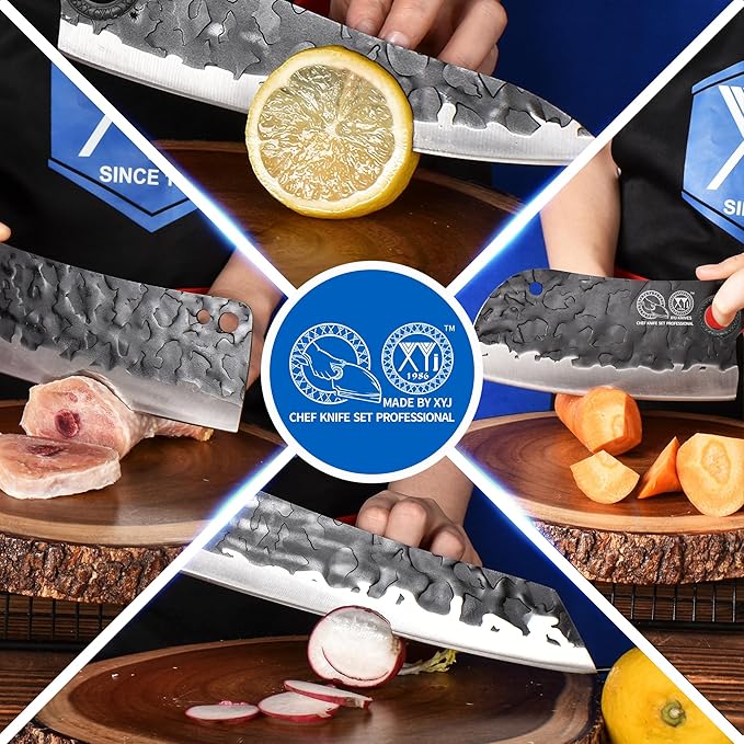 XYJ Professional Kitchen Knife Set with High-Carbon Steel Forged Blades, Chef's Knife, Cleaver, Carving Knife, Nakiri, Full Tang Design, Includes Carrying Bag & Poultry Scissors