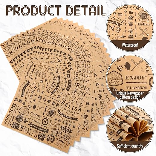 600 Pcs 12 x 12 Inch Deli Wax Paper Sheets Grease Resistant Tray Basket Liners Newsprint Paper Water and Grease Proof Sandwich Wrapping Square Hot Dog Wrappers for Food Baking (Brown)