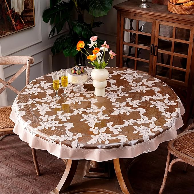 Vinyl Table Cloth Round Clear Table Cover Protector with Block Printed Pattern Oil Spill Proof Farmhouse Rustic Plastic Table Covers for Dining Tables (Scroll Grass, 55 Inches Round)
