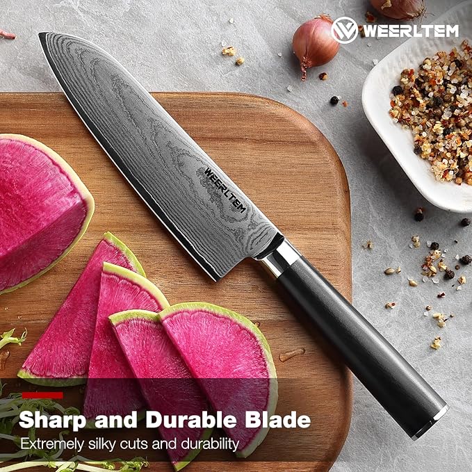 Japanese Damascus Santoku Chef Knife 7''（Mirror finish blade）, 67-Layer VG10 Damascus steel & Black G10 Handle for Cooking Kitchen (Gift Box)