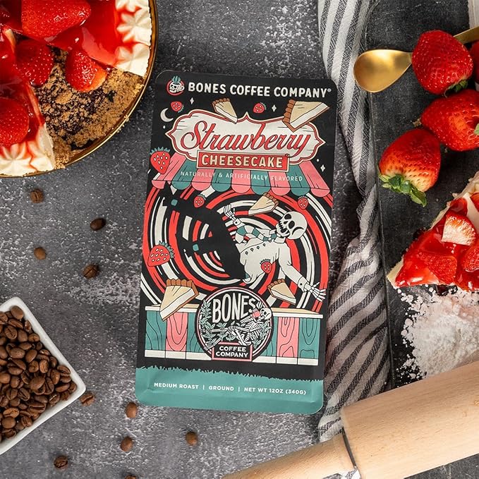 Bones Coffee Company Strawberry Cheesecake Flavored Coffee, Medium Roast Low Acid Arabica Beans Compatible with Auto drip and French Press Coffee Maker, 12 Oz Ground