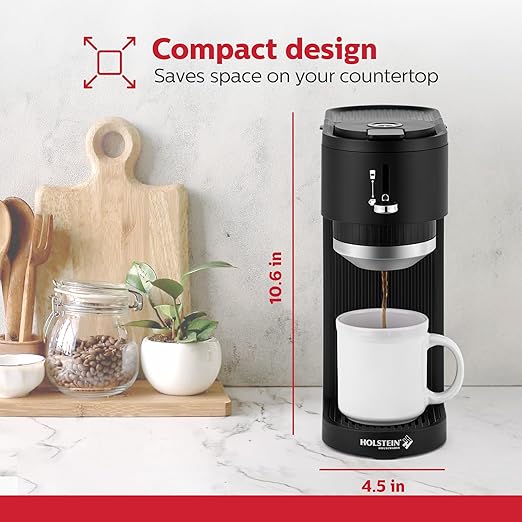 Holstein Housewares 2-in-1 Single Serve Coffee Maker, Dual Brew, Compatible with K-Cup Pods & Ground Coffee, Reusable Filter Included, Compact Drip Coffee Machine, 14oz Tank, Fits Most Cups - Black
