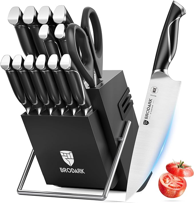 BRODARK Kitchen Knife Set with Block and Sharpener, 15 Pcs Sharp Knives Set for Kitchen, Christmas, Stainless Steel Full Tang Knife Block Set, Ergonomic Handle Professional Chef Kitchen Knives Sets